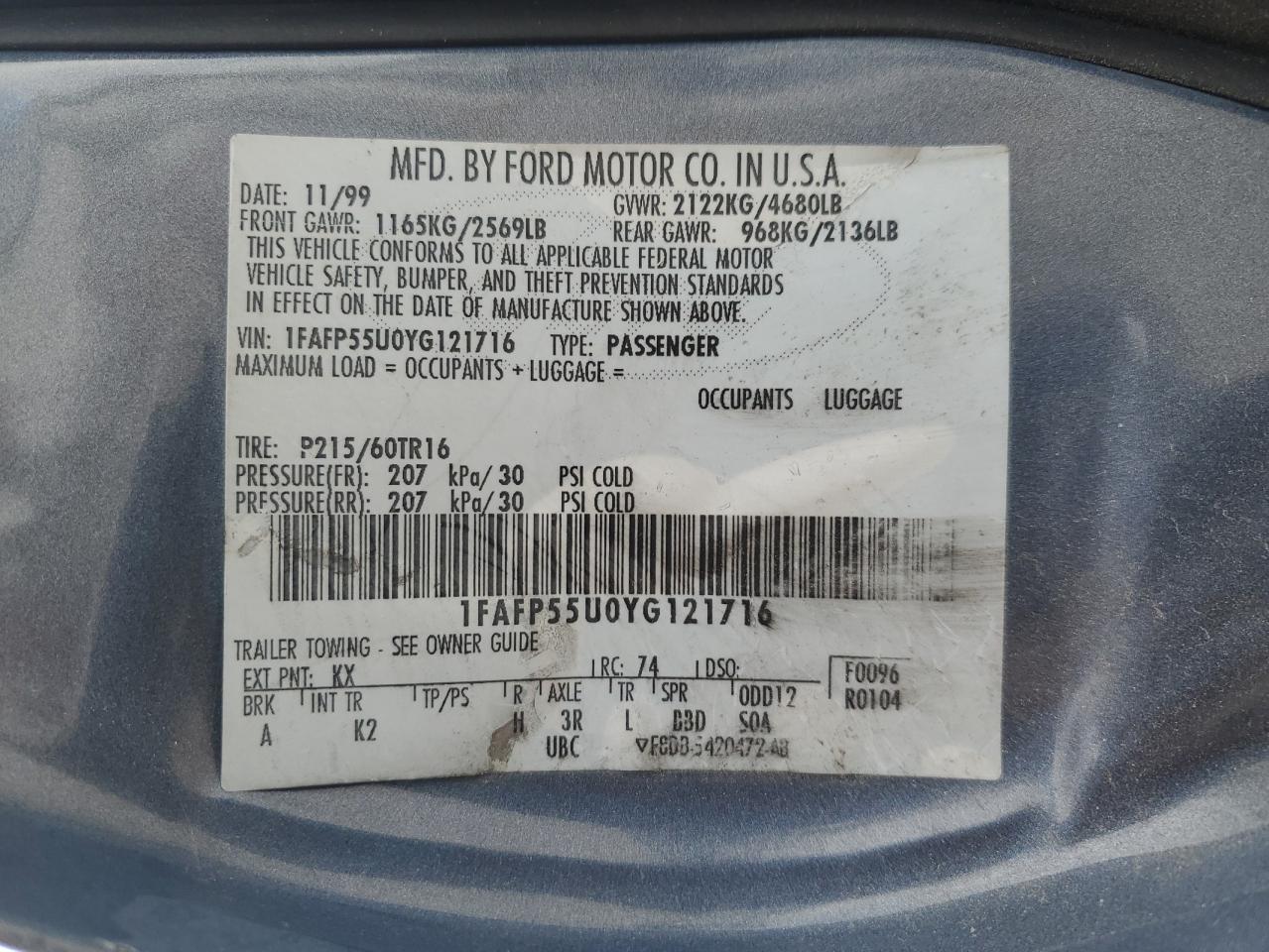 2000 Ford Taurus Ses VIN: 1FAFP55U0YG121716 Lot: 86521675