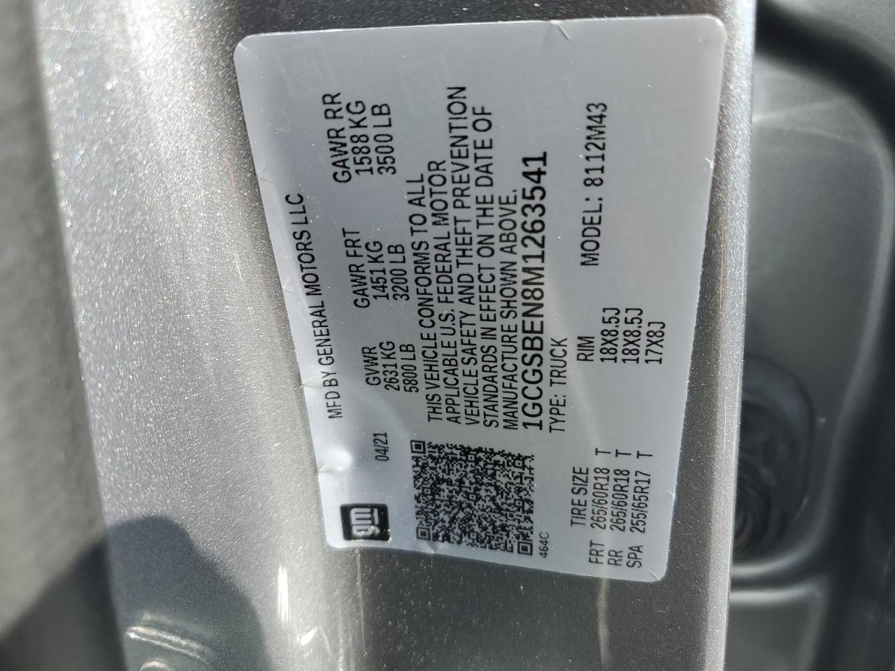 2021 Chevrolet Colorado VIN: 1GCGSBEN8M1263541 Lot: 87122475