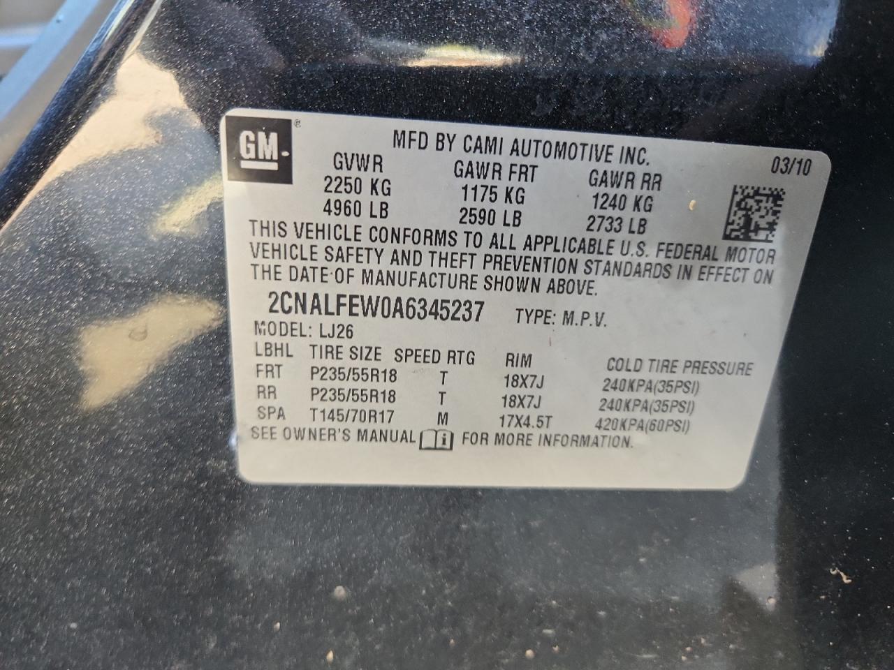 2010 Chevrolet Equinox Ltz VIN: 2CNALFEW0A6345237 Lot: 86121875