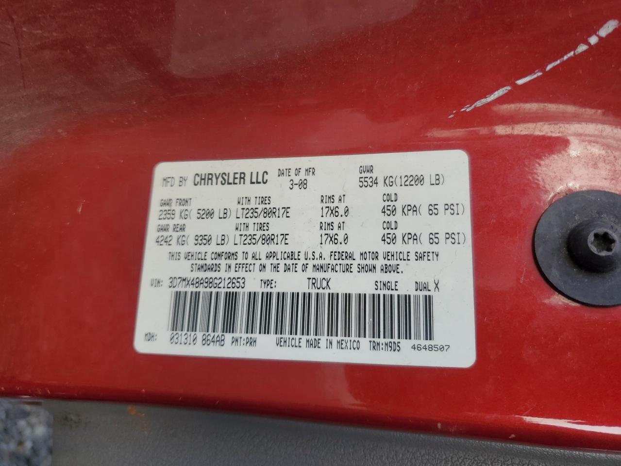 2008 Dodge Ram 3500 St VIN: 3D7MX48A98G212653 Lot: 93923995