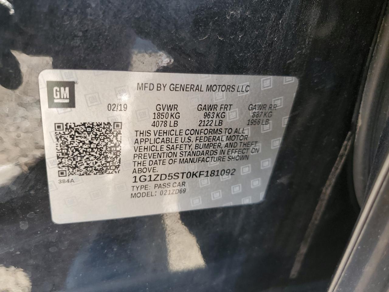 2019 Chevrolet Malibu Lt VIN: 1G1ZD5ST0KF181092 Lot: 82189655