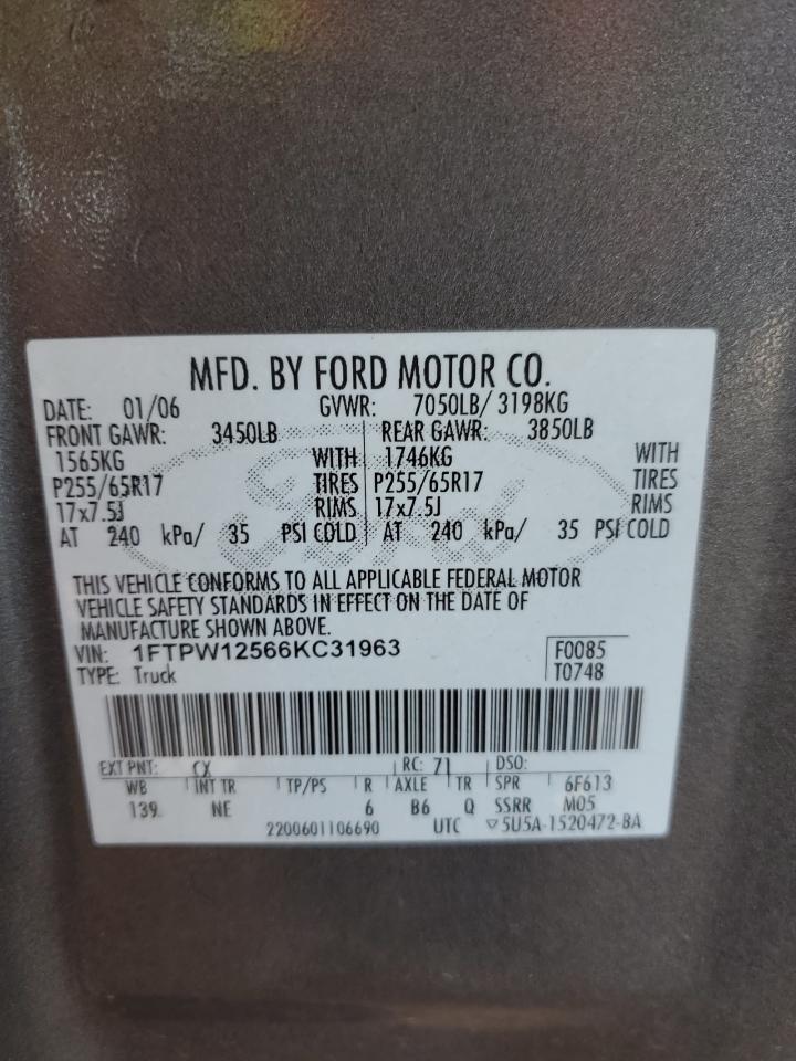 2006 Ford F150 Supercrew VIN: 1FTPW12566KC31963 Lot: 91101245