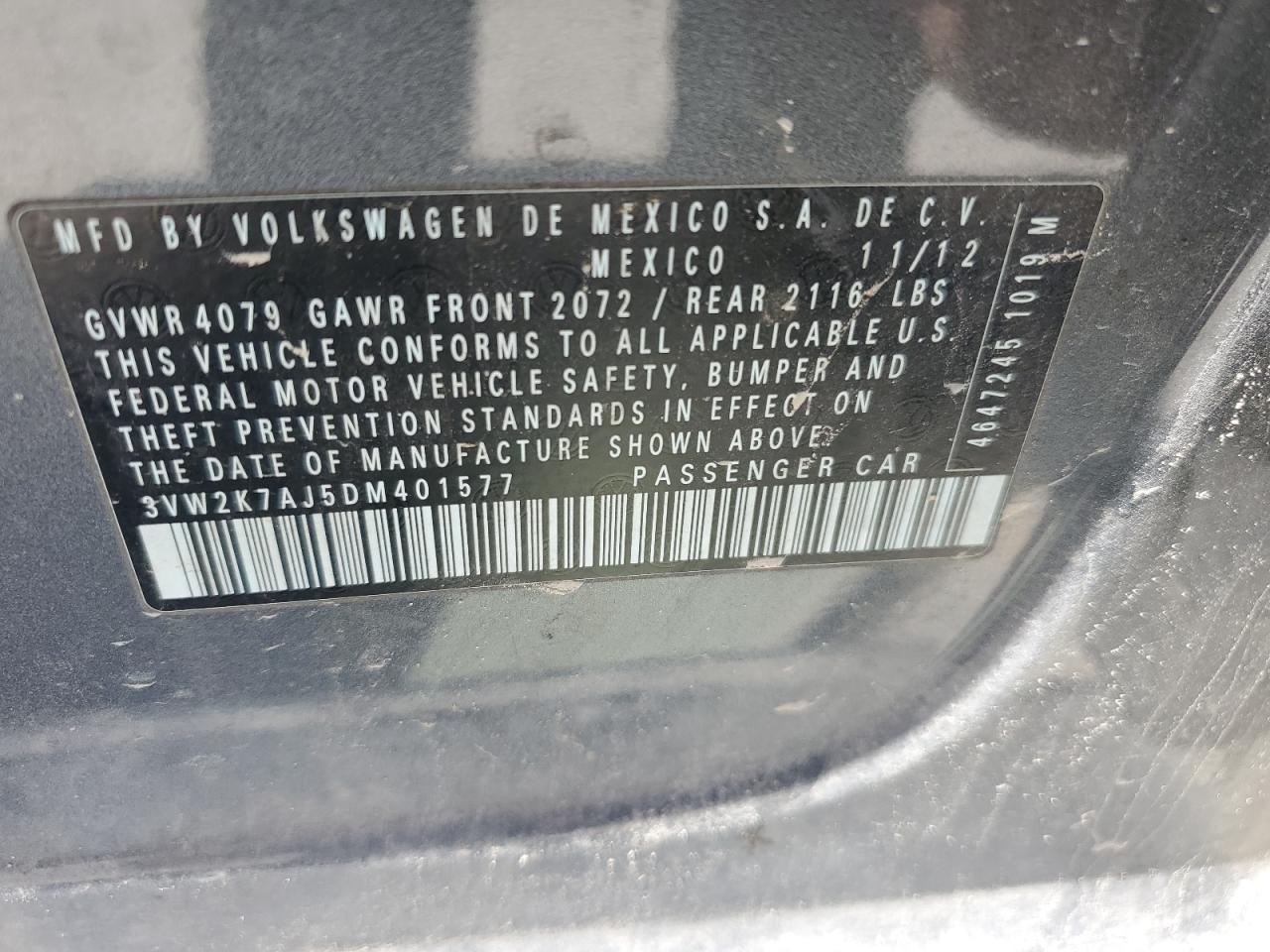 2013 Volkswagen Jetta Base VIN: 3VW2K7AJ5DM401577 Lot: 82443985