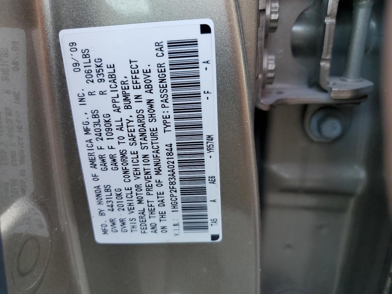 2010 Honda Accord Exl VIN: 1HGCP2F83AA021844 Lot: 86310975