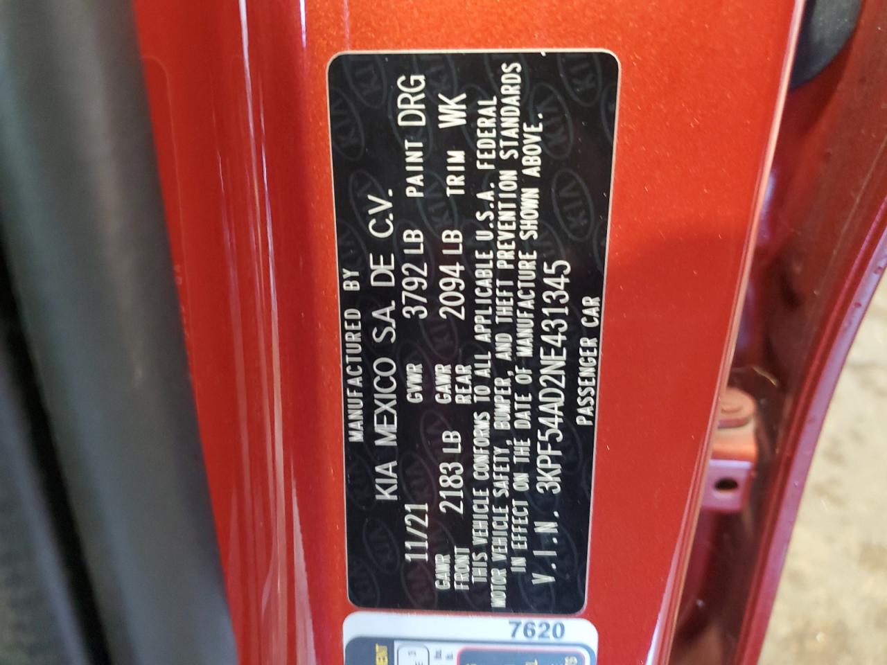 2022 Kia Forte Gt Line VIN: 3KPF54AD2NE431345 Lot: 87280135