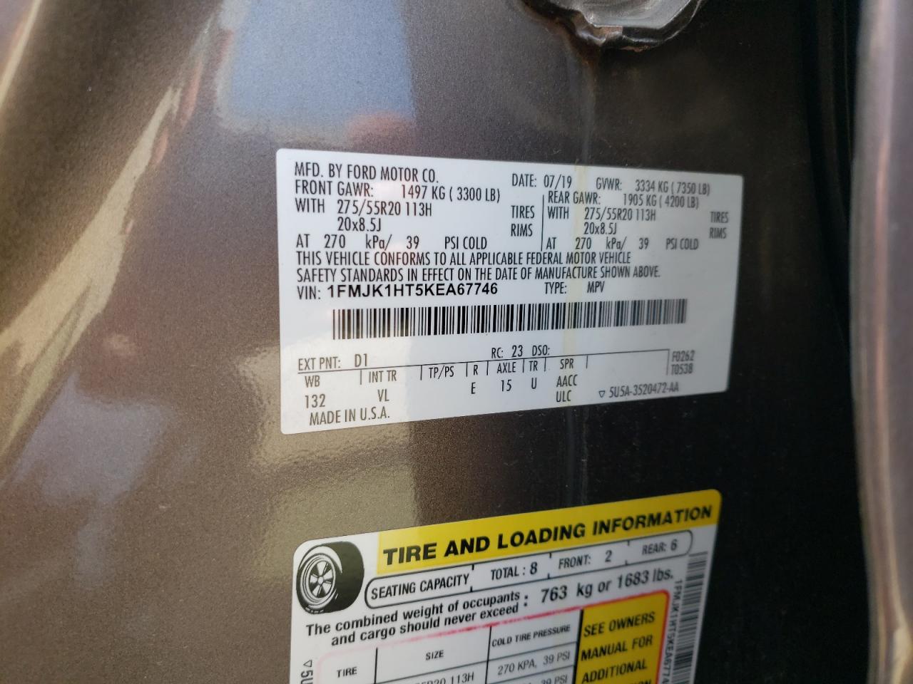 2019 Ford Expedition Max Xlt VIN: 1FMJK1HT5KEA67746 Lot: 84958555