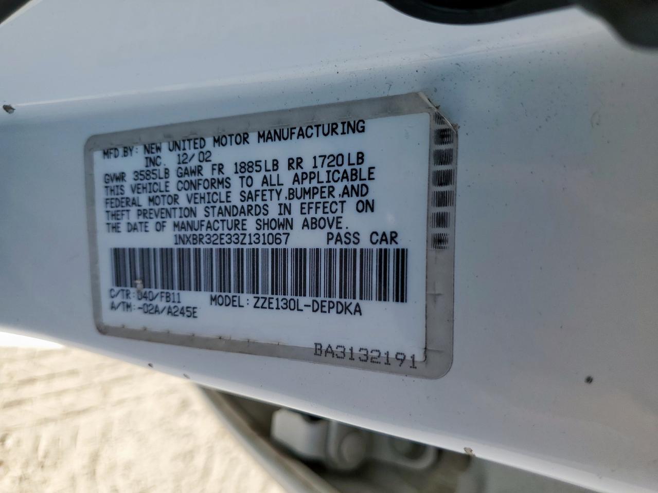 2003 Toyota Corolla Ce VIN: 1NXBR32E33Z131067 Lot: 85311355