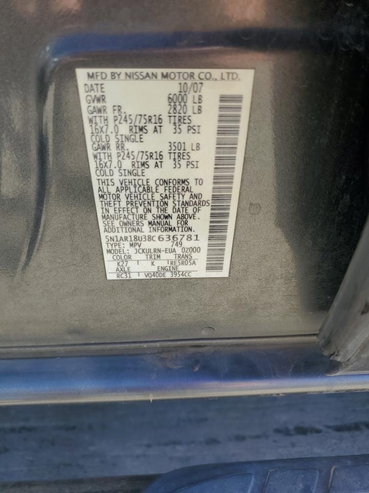 2008 Nissan Pathfinder S VIN: 5N1AR18U38C636781 Lot: 82266705