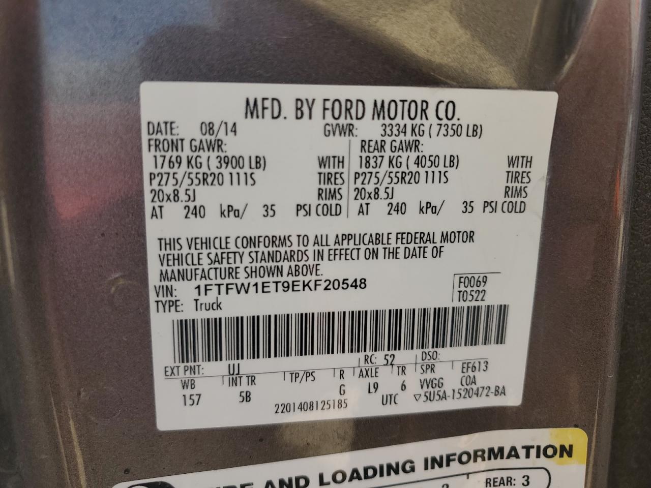 2014 Ford F150 Supercrew VIN: 1FTFW1ET9EKF20548 Lot: 87018015