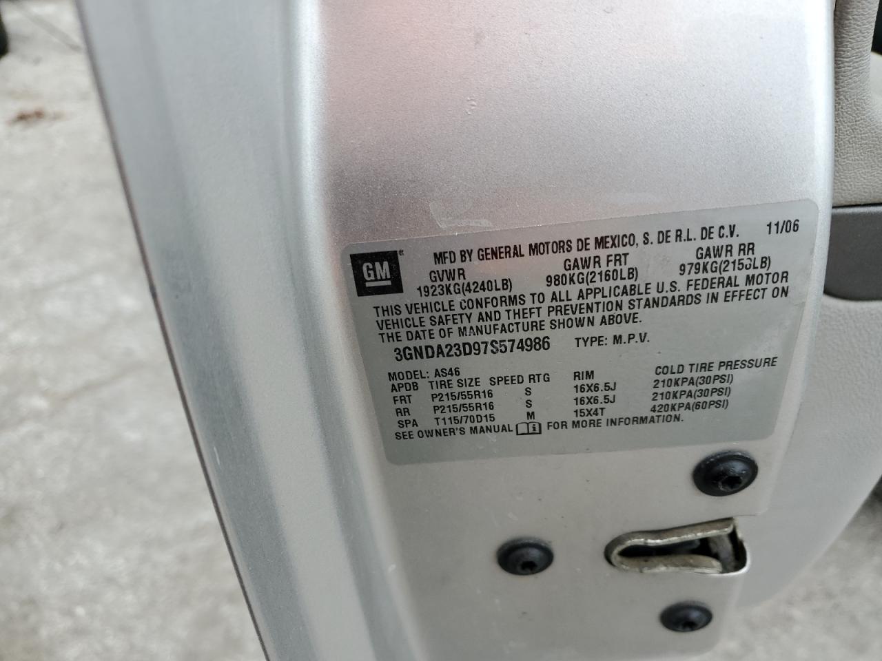 2007 Chevrolet Hhr Lt VIN: 3GNDA23D97S574986 Lot: 82324165