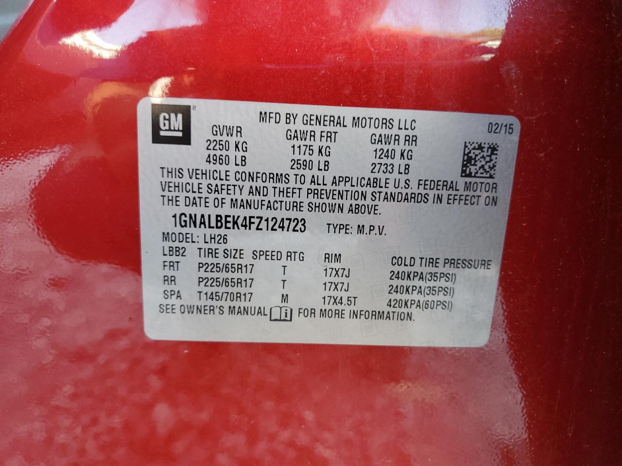 2015 Chevrolet Equinox Lt VIN: 1GNALBEK4FZ124723 Lot: 85102675