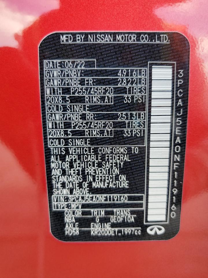 2022 Infiniti Qx50 Sensory VIN: 3PCAJ5EA0NF119160 Lot: 86829735