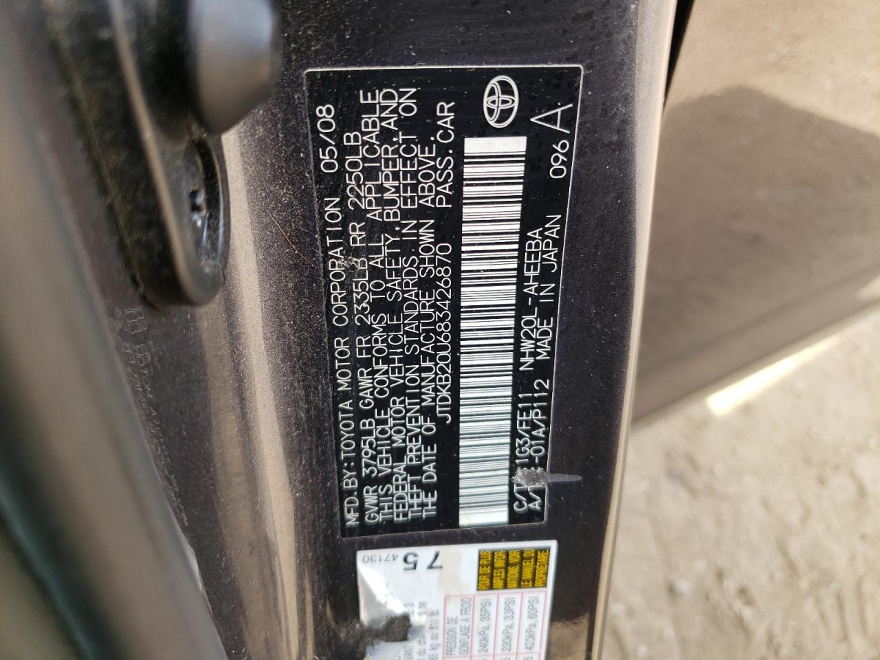 2008 Toyota Prius VIN: JTDKB20U683426870 Lot: 82238065