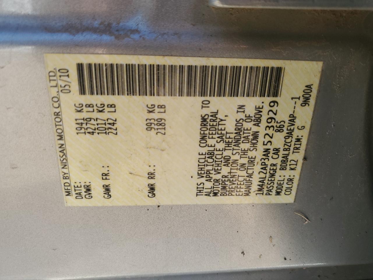 2010 Nissan Altima Base VIN: 1N4AL2AP3AN523929 Lot: 85830205