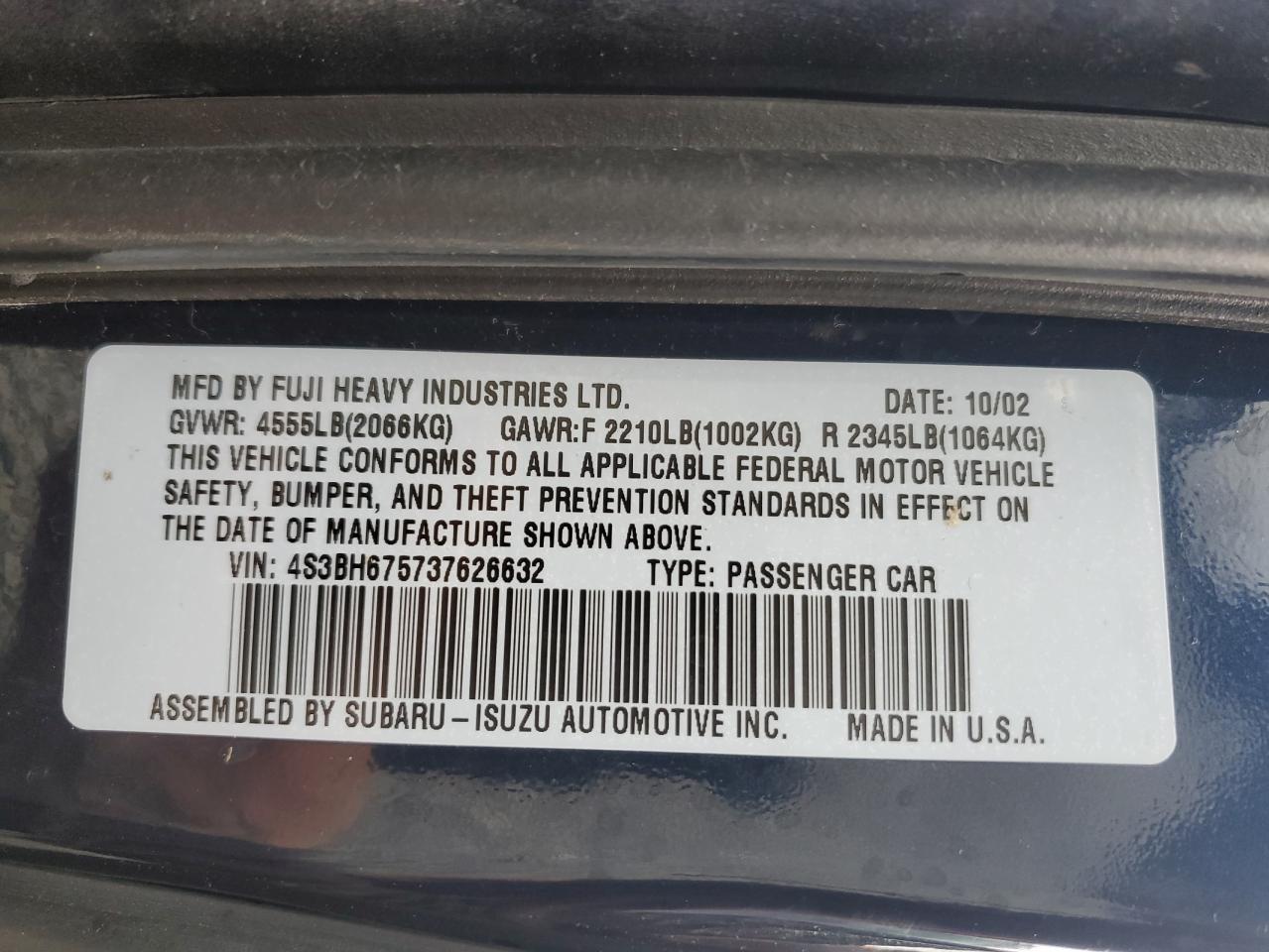 2003 Subaru Legacy Outback Awp VIN: 4S3BH675737626632 Lot: 86159115