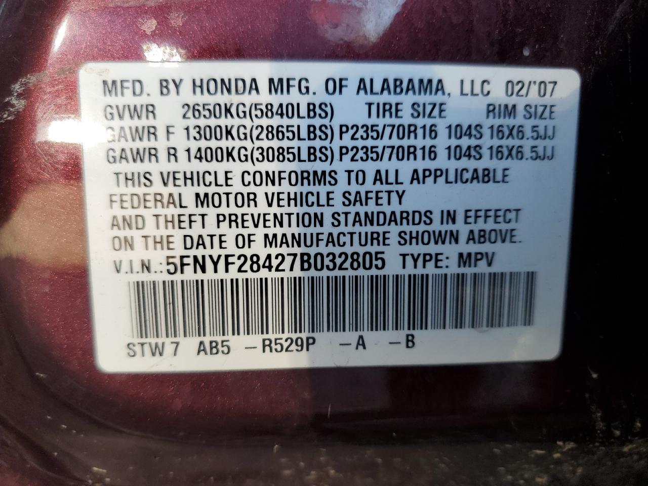 2007 Honda Pilot Ex VIN: 5FNYF28427B032805 Lot: 84473905