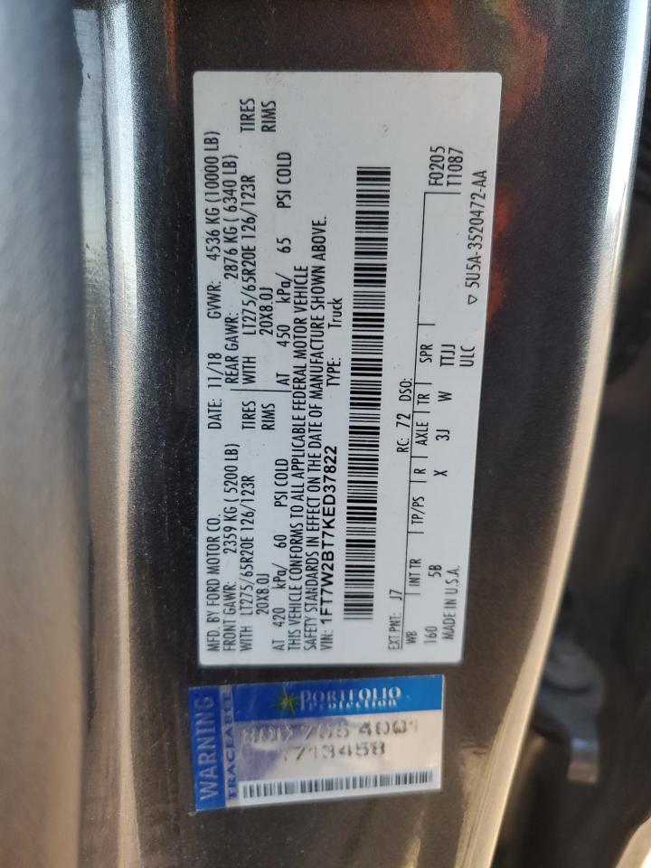 2019 Ford F250 Super Duty VIN: 1FT7W2BT7KED37822 Lot: 87280455