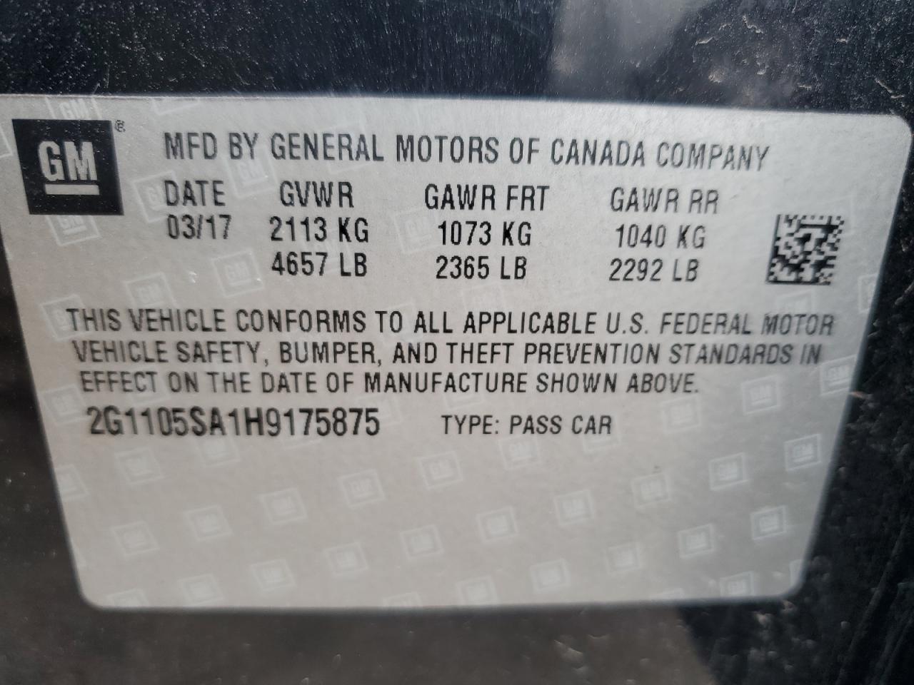 2017 Chevrolet Impala Lt VIN: 2G1105SA1H9175875 Lot: 82181955