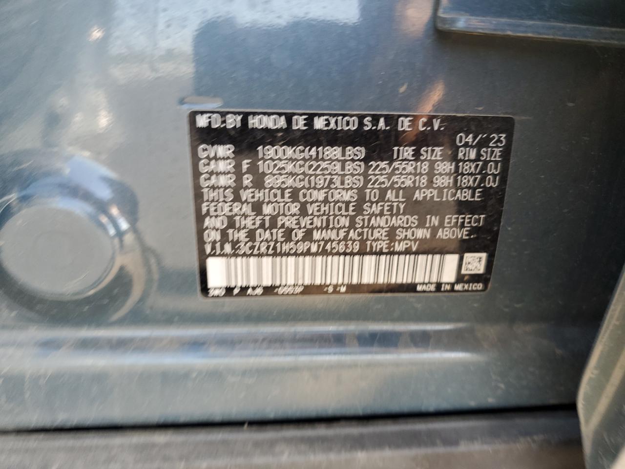 2023 Honda Hr-V Sport VIN: 3CZRZ1H59PM745639 Lot: 91074105