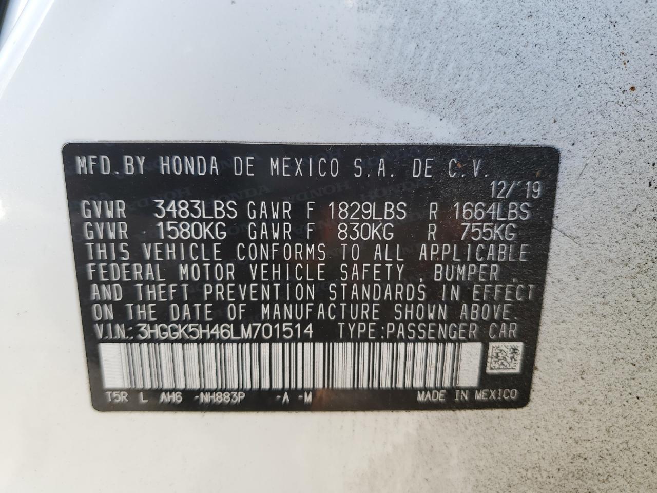 2020 Honda Fit Lx VIN: 3HGGK5H46LM701514 Lot: 86181495