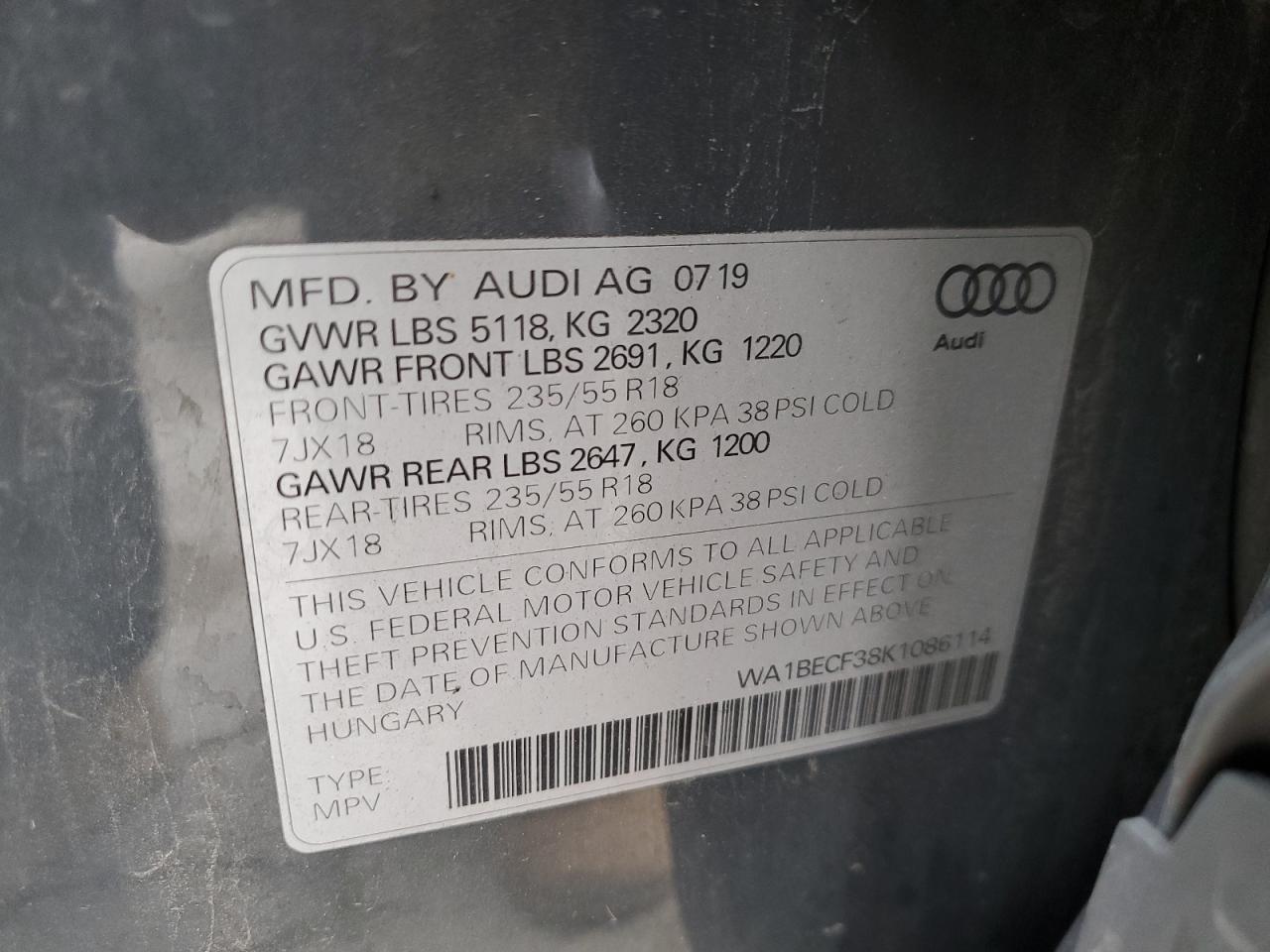 2019 Audi Q3 Premium Plus VIN: WA1BECF38K1086114 Lot: 86713085