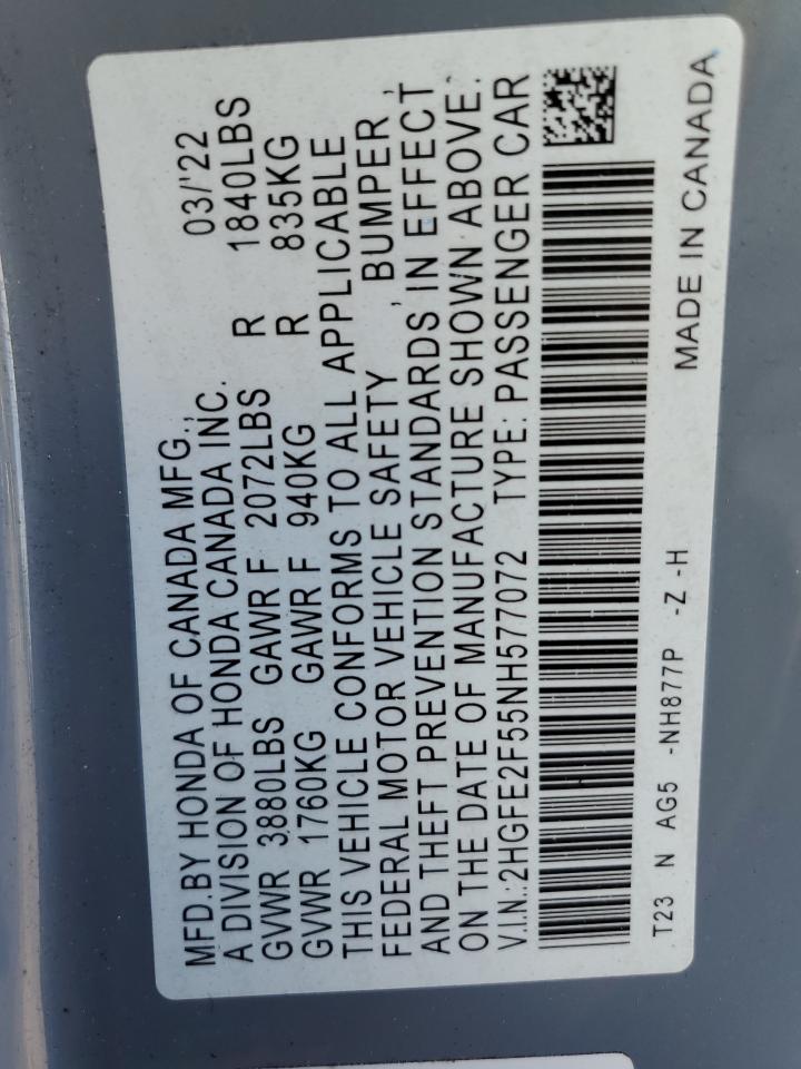 2022 Honda Civic Sport VIN: 2HGFE2F55NH577072 Lot: 86071525