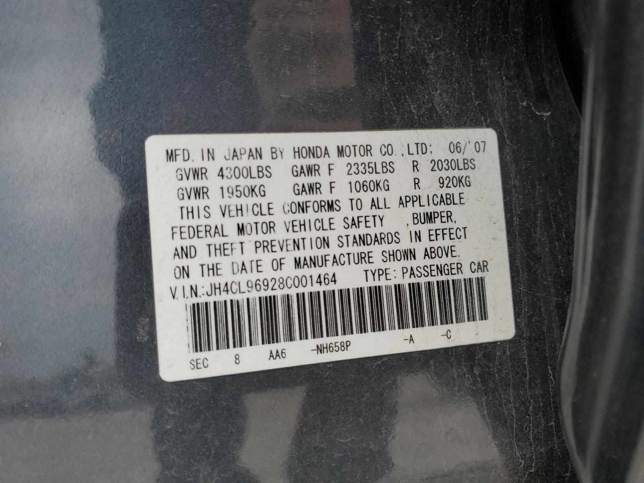 2008 Acura Tsx VIN: JH4CL96928C001464 Lot: 86654385