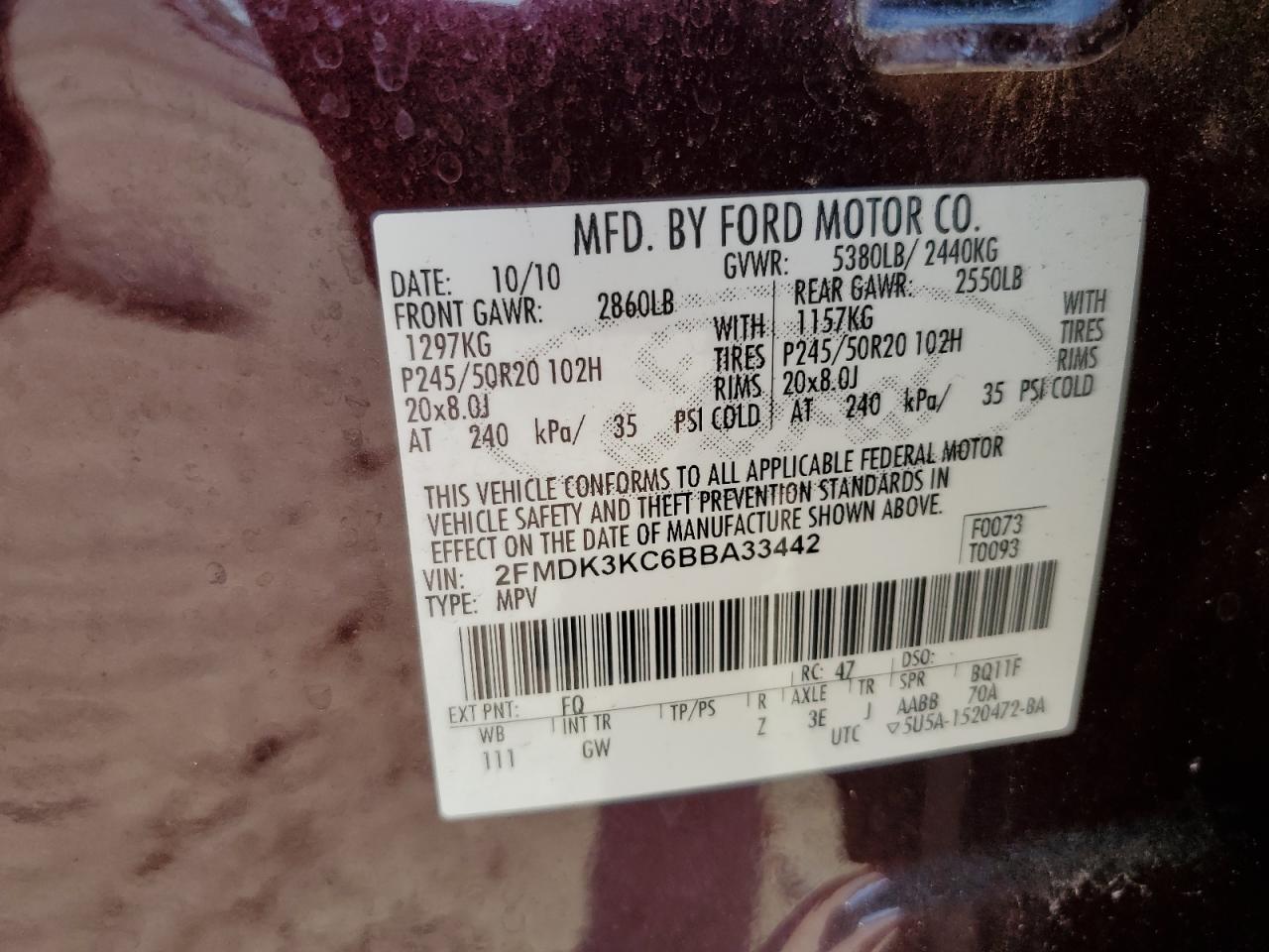 2011 Ford Edge Limited VIN: 2FMDK3KC6BBA33442 Lot: 84388425