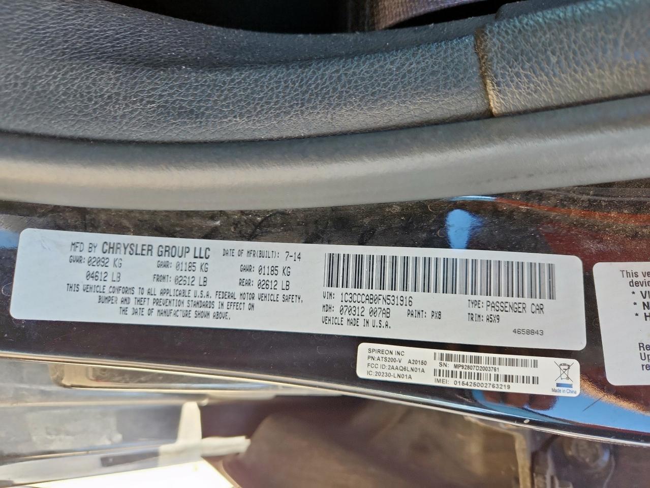 2015 Chrysler 200 Limited VIN: 1C3CCCAB0FN531916 Lot: 82737125