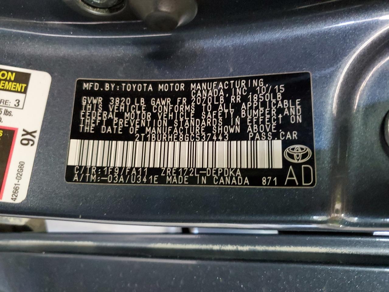 2016 Toyota Corolla L VIN: 2T1BURHE8GC537443 Lot: 85755405