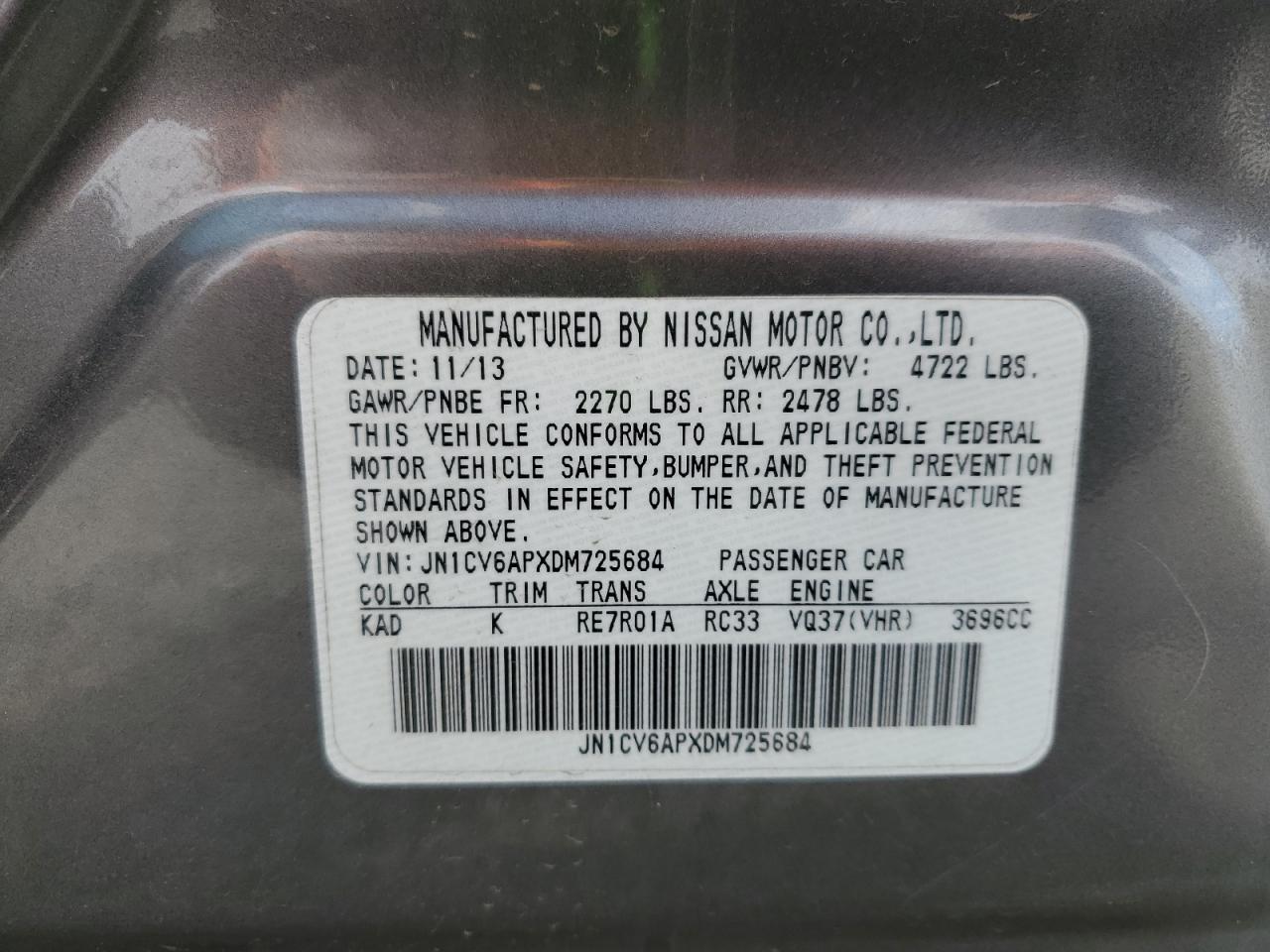 2013 Infiniti G37 Base VIN: JN1CV6APXDM725684 Lot: 86261425