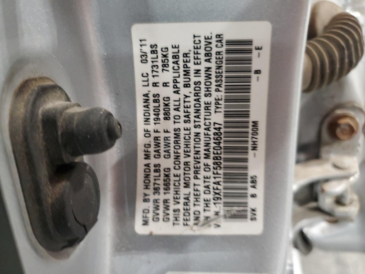 2011 Honda Civic Lx VIN: 19XFA1F58BE046847 Lot: 84414195