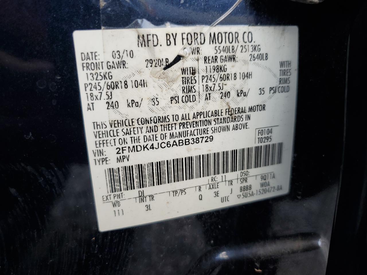 2010 Ford Edge Sel VIN: 2FMDK4JC6ABB38729 Lot: 82313595