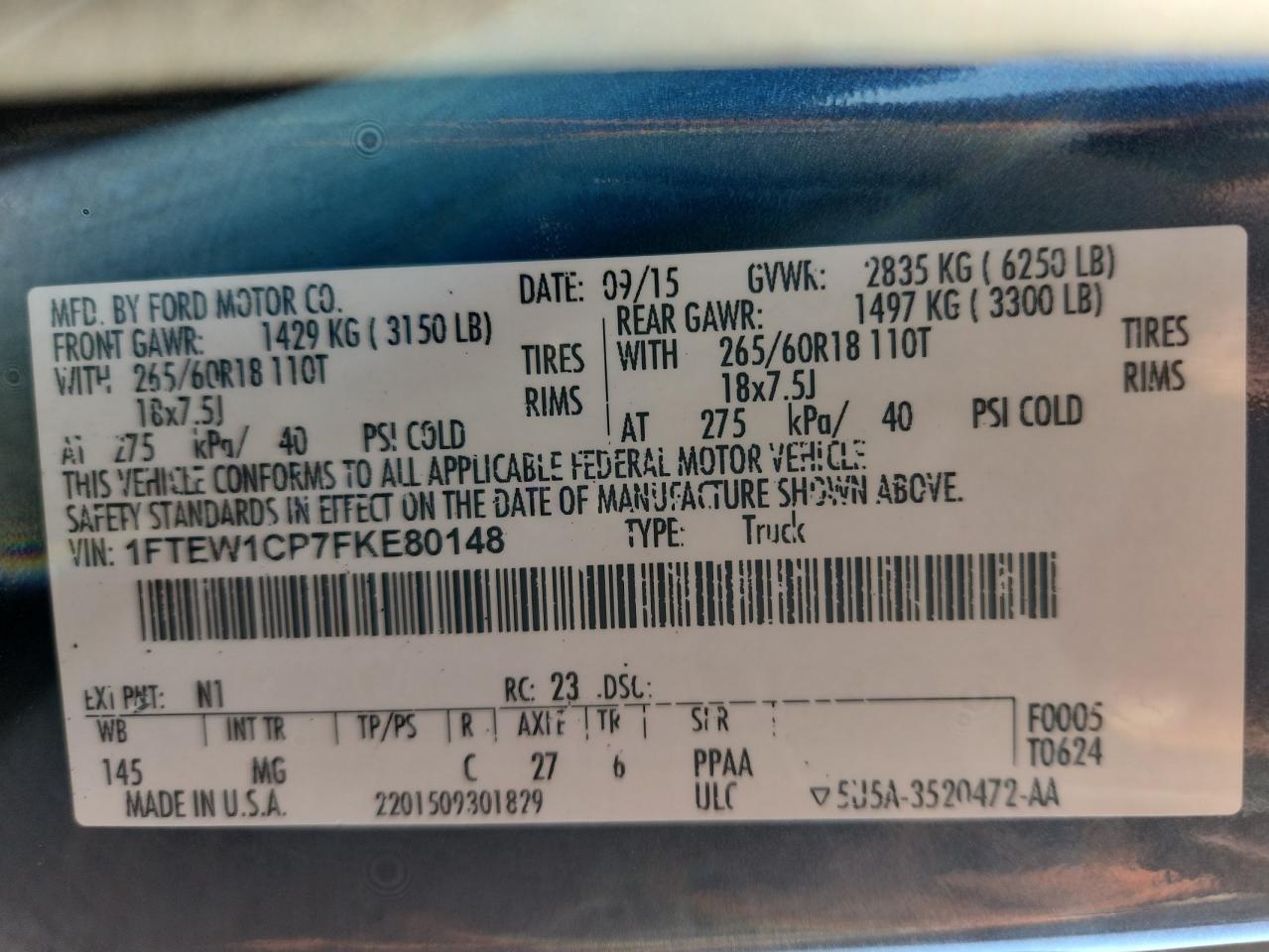 2015 Ford F150 Supercrew VIN: 1FTEW1CP7FKE80148 Lot: 90552095