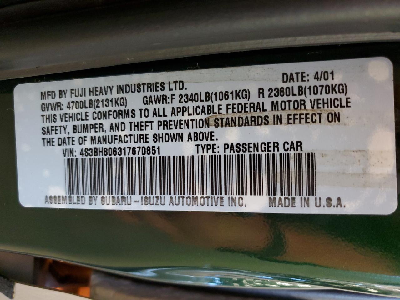 2001 Subaru Legacy Outback H6 3.0 Ll Bean VIN: 4S3BH806317670851 Lot: 85671085