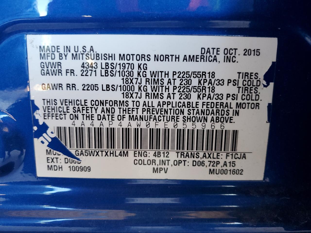 2015 Mitsubishi Outlander Sport Se VIN: 4A4AP4AW0FE055966 Lot: 85293985