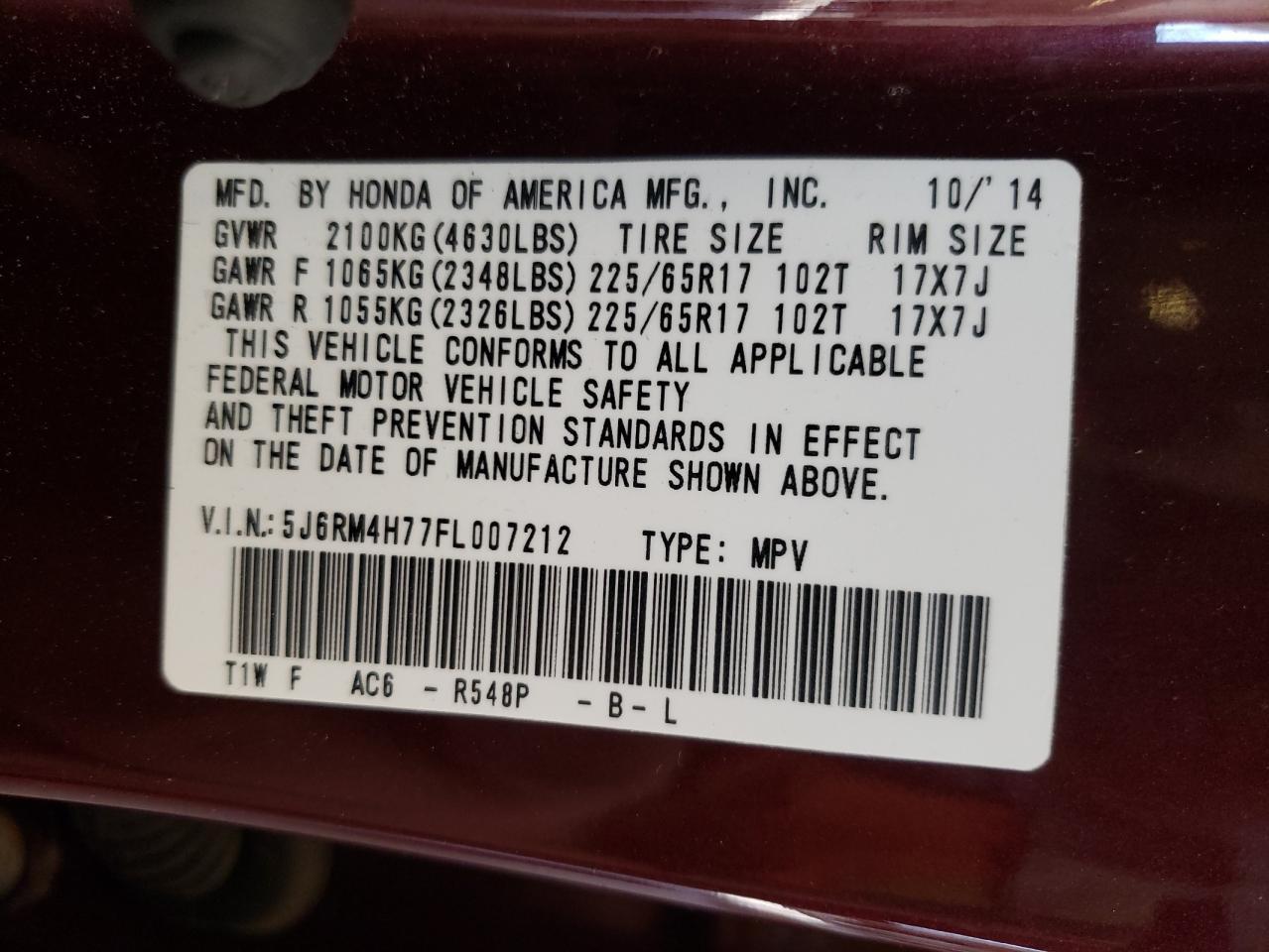 2015 Honda Cr-V Exl VIN: 5J6RM4H77FL007212 Lot: 81951065