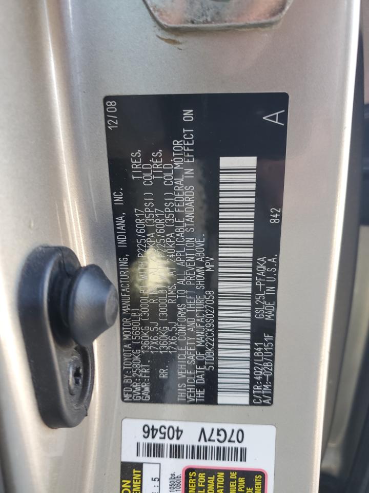 2009 Toyota Sienna Xle VIN: 5TDBK22CX9S027058 Lot: 86182025