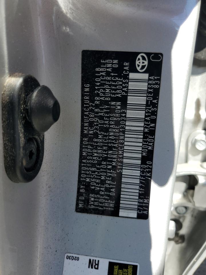 2022 Toyota Corolla Se VIN: 5YFS4MCE8NP130343 Lot: 82374175