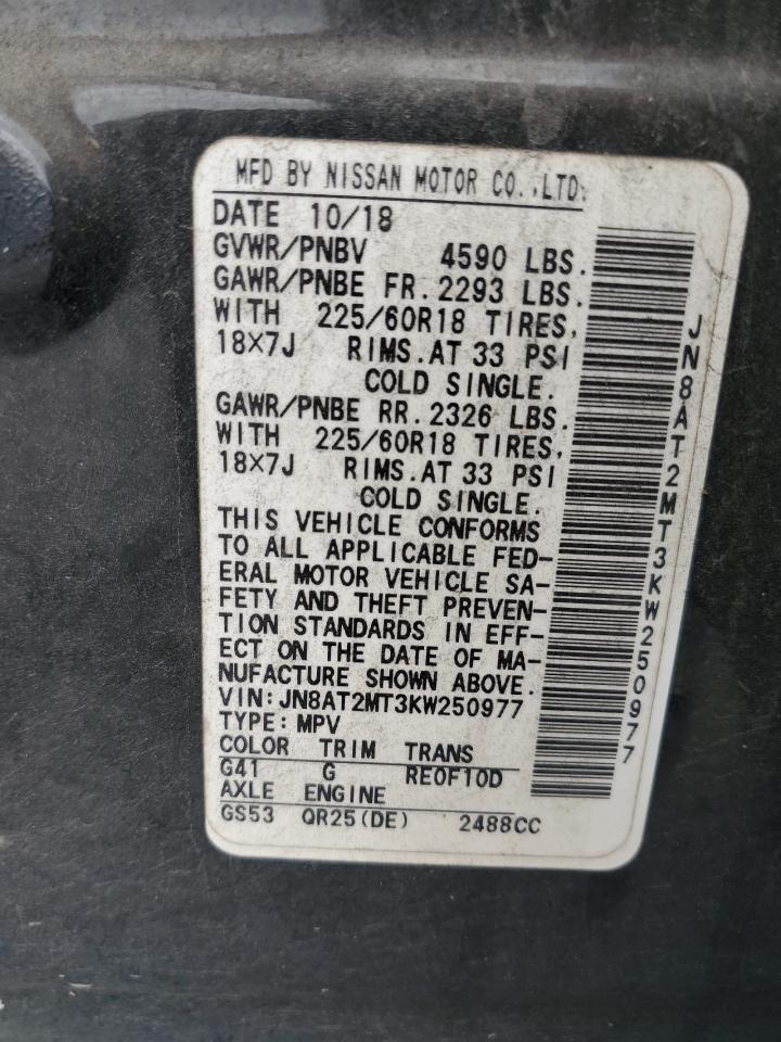 2019 Nissan Rogue S VIN: JN8AT2MT3KW250977 Lot: 85488105