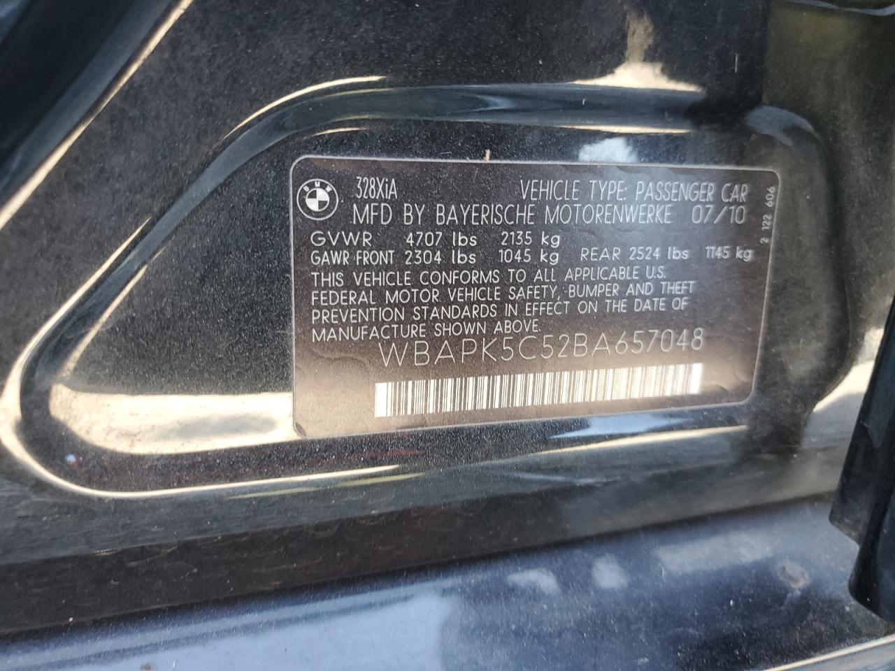 2011 BMW 328 Xi Sulev VIN: WBAPK5C52BA657048 Lot: 85749495