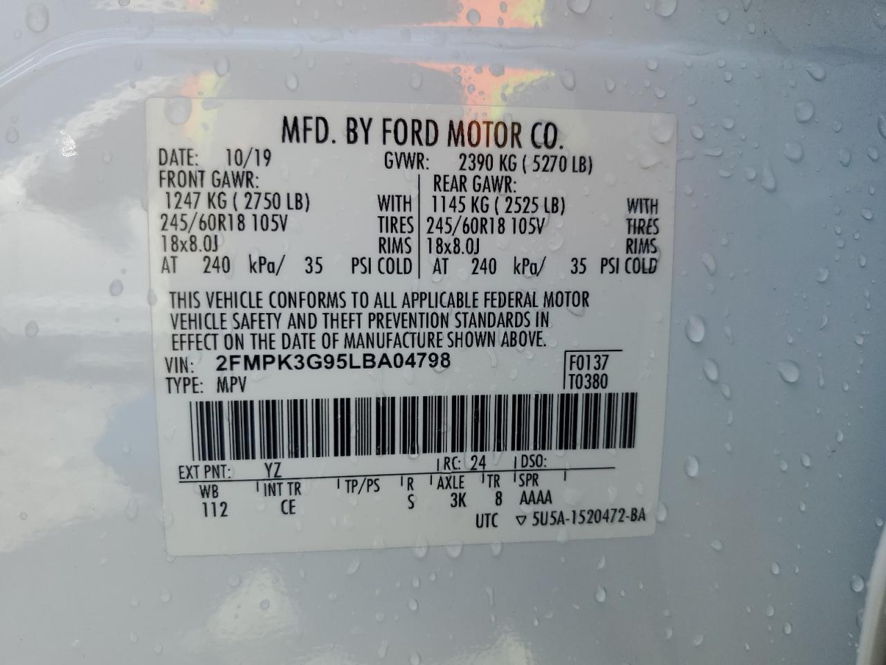 2020 Ford Edge Se VIN: 2FMPK3G95LBA04798 Lot: 84611795