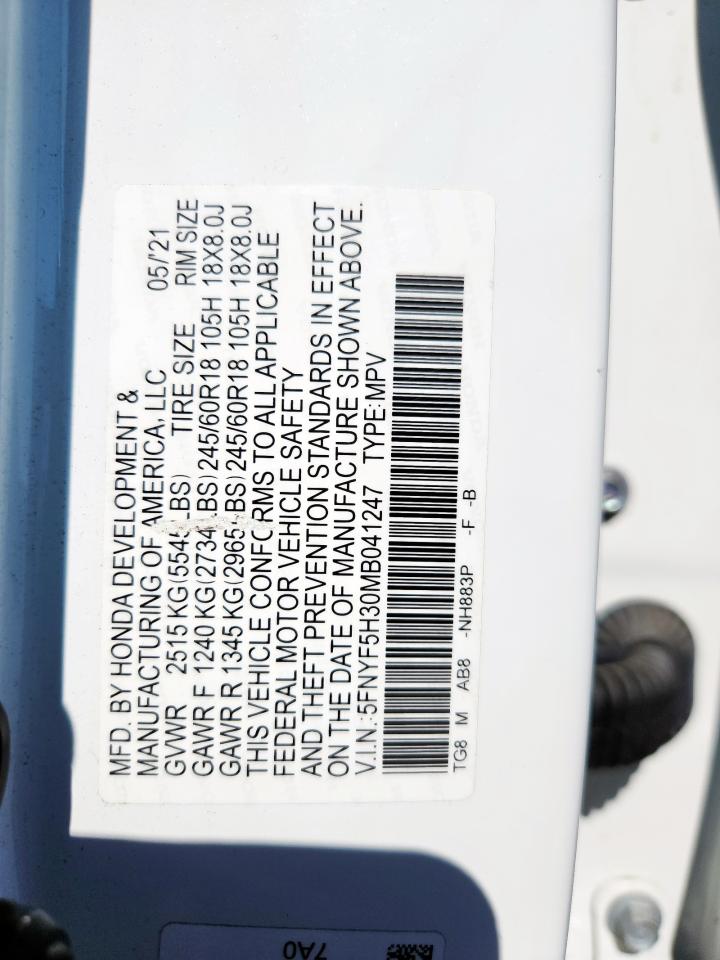 2021 Honda Pilot Ex VIN: 5FNYF5H30MB041247 Lot: 82388295