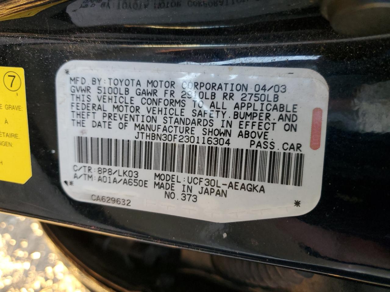 2003 Lexus Ls 430 VIN: JTHBN30F230116304 Lot: 90293725