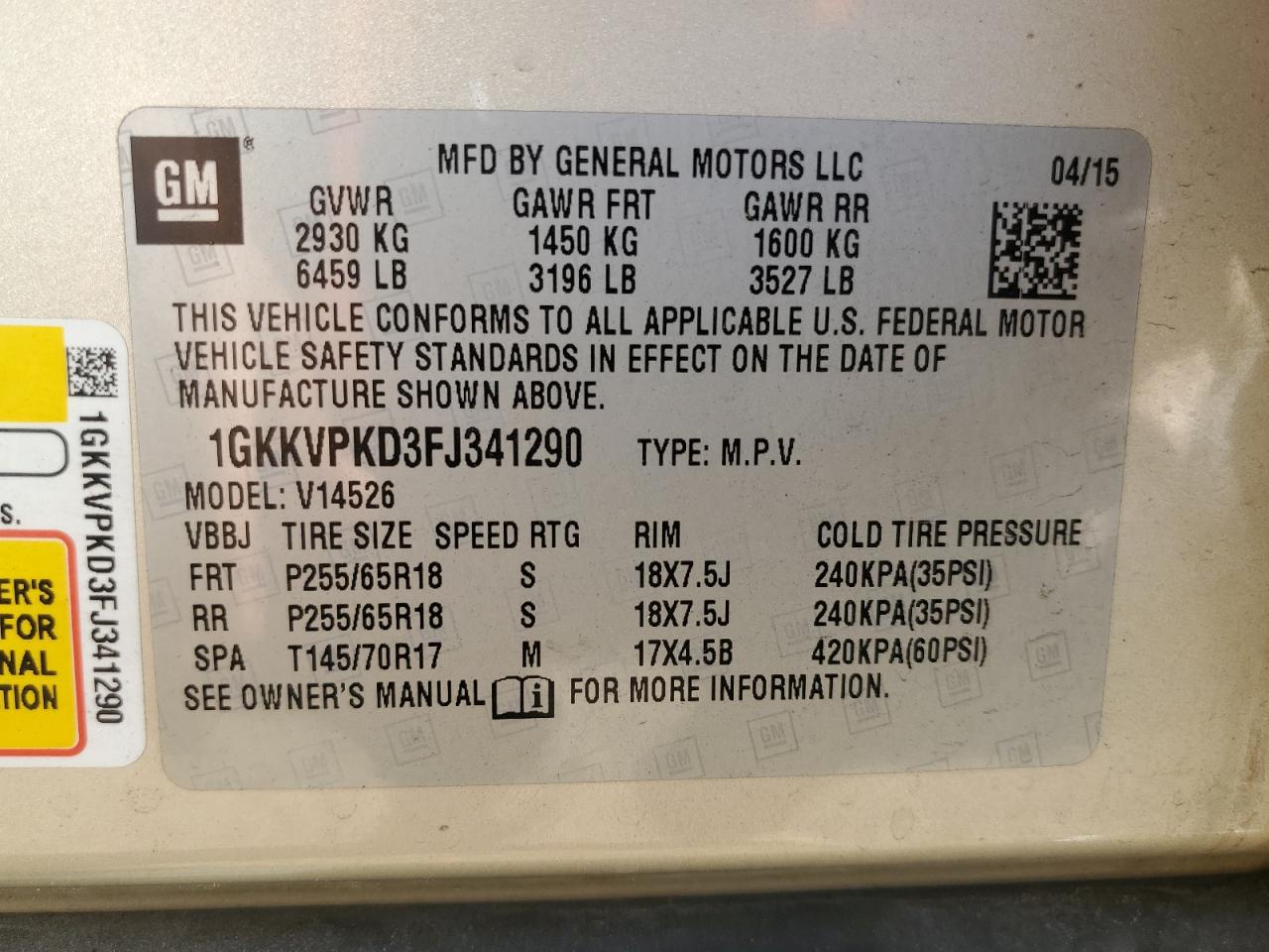 2015 GMC Acadia Sle VIN: 1GKKVPKD3FJ341290 Lot: 82179265