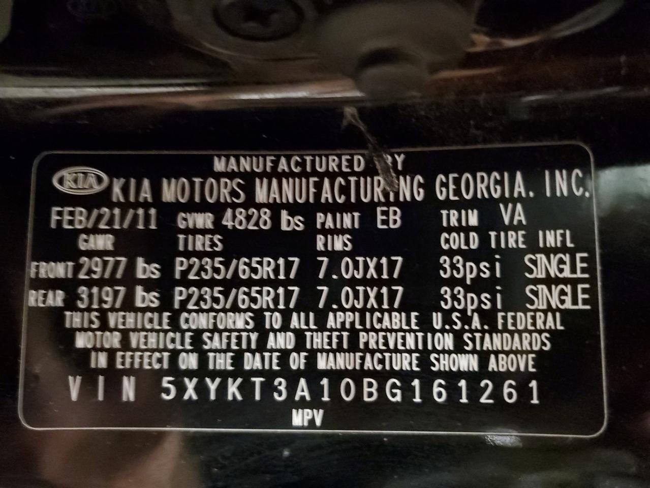 2011 Kia Sorento Base VIN: 5XYKT3A10BG161261 Lot: 82380035