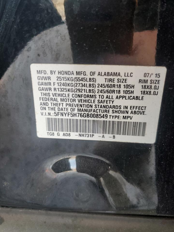 2016 Honda Pilot Exln VIN: 5FNYF5H76GB008549 Lot: 85281915