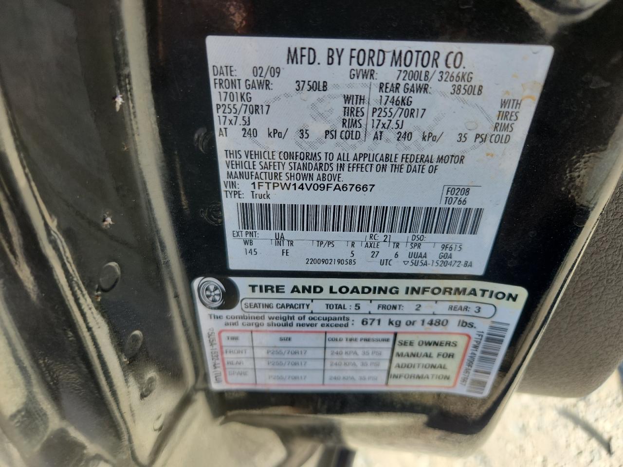 2009 Ford F150 Supercrew VIN: 1FTPW14V09FA67667 Lot: 86486395