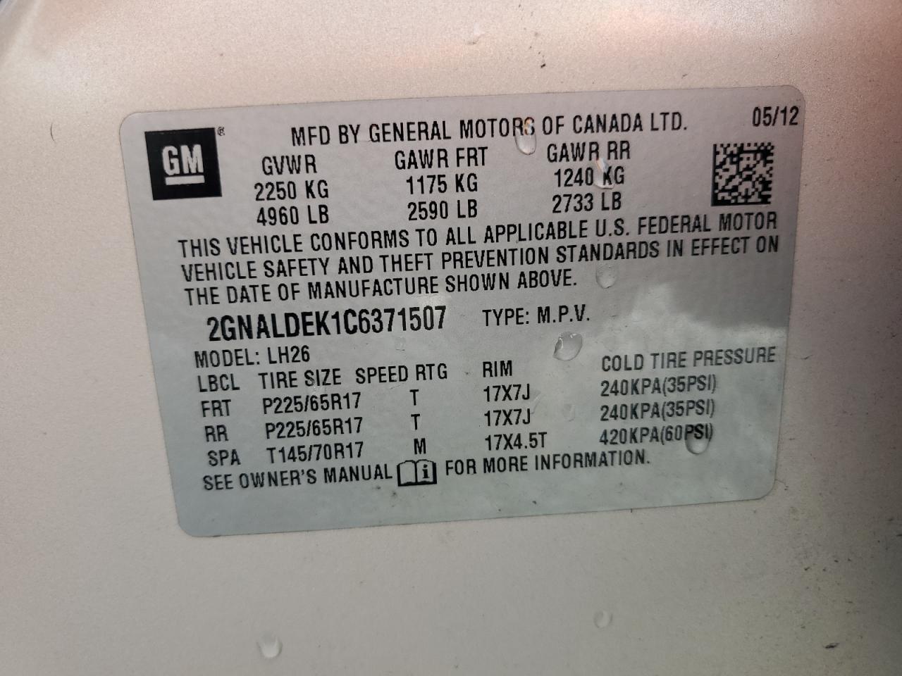 2012 Chevrolet Equinox Lt VIN: 2GNALDEK1C6371507 Lot: 84303765