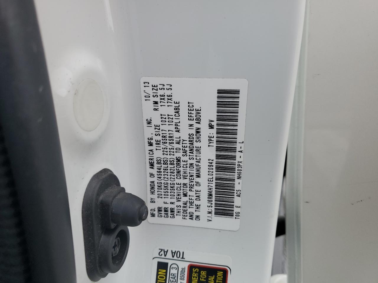 2014 Honda Cr-V Exl VIN: 5J6RM4H71EL020942 Lot: 85501265